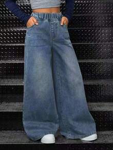 Girls Casual Straight Leg Denim Jeans With Pockets, Everyday Wear - Blue - View 3