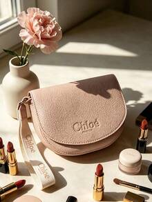 Chloé Light Pink Pebbled Faux Leather Saddle Makeup Pouch, Embossed CHLOE Logo With Printed Fabric Wrist Strap, Flap Closure Portable Cosmetic Storage Bag Luxury Gift For Women CHLOE-GIFT-11 - Baby Pink - View 6