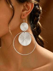 1對優雅獨特圓形大小圓盤吊墜耳環，歐美高端派對風，適合宴會與派對 - 銀色 - 查看 3