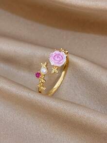 1Pc/Set Elegant Gold Plated Pink Floral Marquise Zirconia Open Ring,Jewelry Set For Women,Party,Daily,Christmas,Wedding,Boho,Valentine Birthday Gifts - Multicolor - View 7