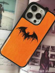 1pc Halloween Orange Background Gothic Black Bat Vintage Pattern Print Black Edge Drip Glue Lens Raised Full Coverage Shockproof Protective Phone Case No Accessories Multi-Model Compatible Dark Subculture Y2K Hot Girl Holiday Vibe Protective Cover - Black - View 5
