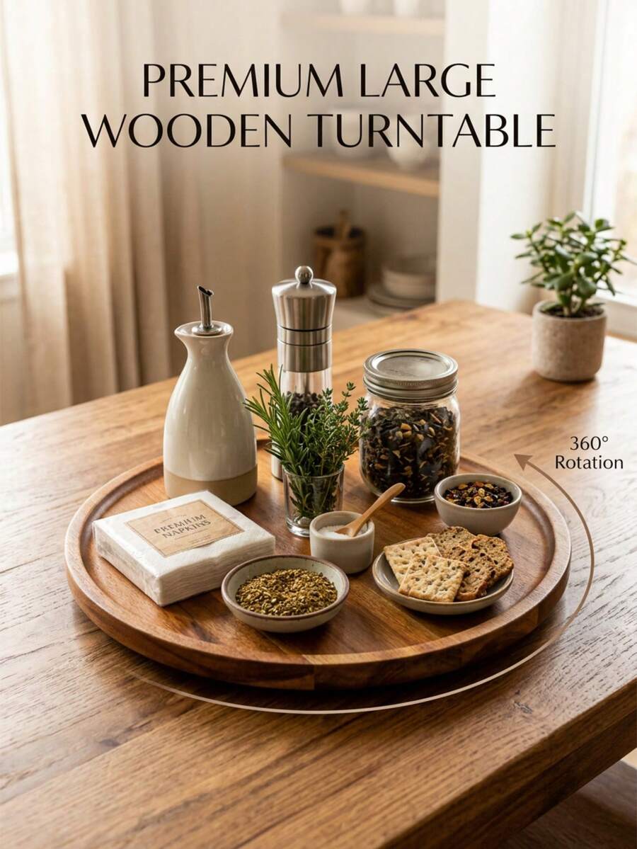 1pc Round Rotating Tray, 360° Swivel Wooden Tray, Kitchen Spice Rack, Tray, Kitchen Accessories, Kitchen Storage And Organization, Round Turntable, Wooden Tray, Spice Container, Kitchen Storage Utensils, Kitchen Decor, Turntable, Solid Wood Tray, Rotating Wooden Tray, 8-Inch Round Multi-Functional Tray, Round Wooden Spice Rack, Suitable For Kitchen Cabinets And Storage Cabinets, Housewarming Gift, Father's Day, Graduation, Birthday Gift