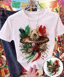 Camiseta estampada patria para mujer, diseño Independencia de México, playera casual de manga corta, ropa tradicional mexicana, ideal celebraciones, uso diario - Blanco - Ver 1