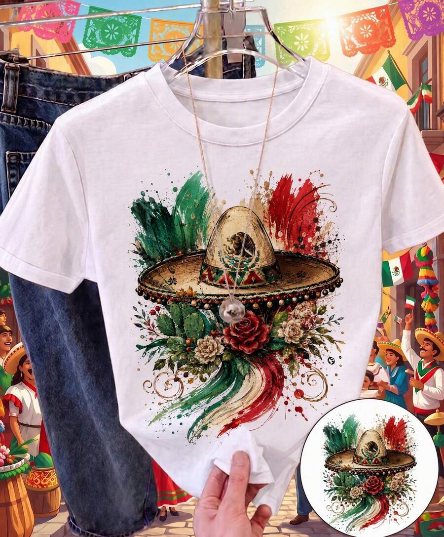 Camiseta estampada patria para mujer, diseño Independencia de México, playera casual de manga corta, ropa tradicional mexicana, ideal celebraciones, uso diario - Blanco - Ver 1