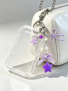 Wavy Scalloped Transparent Acrylic Photocard Holder With Shiny Rhinestone Lanyard, Y2K Style, Ins Sweet Pendant With Exquisite Bow, Heart, Resin Pink Star Bag Charm, Photocard Accessories, ID Badge Lanyard, DIY Card Storage Case, Fits Idol Photos, Custom Printed Cards, School ID, Access Card, ID Card, Work Pass And Metro Card, Student, Fan Gift, Key Chain, Backpack Charm, Back To School Essential (Card Paper Not Included) - Multicolor - View 3