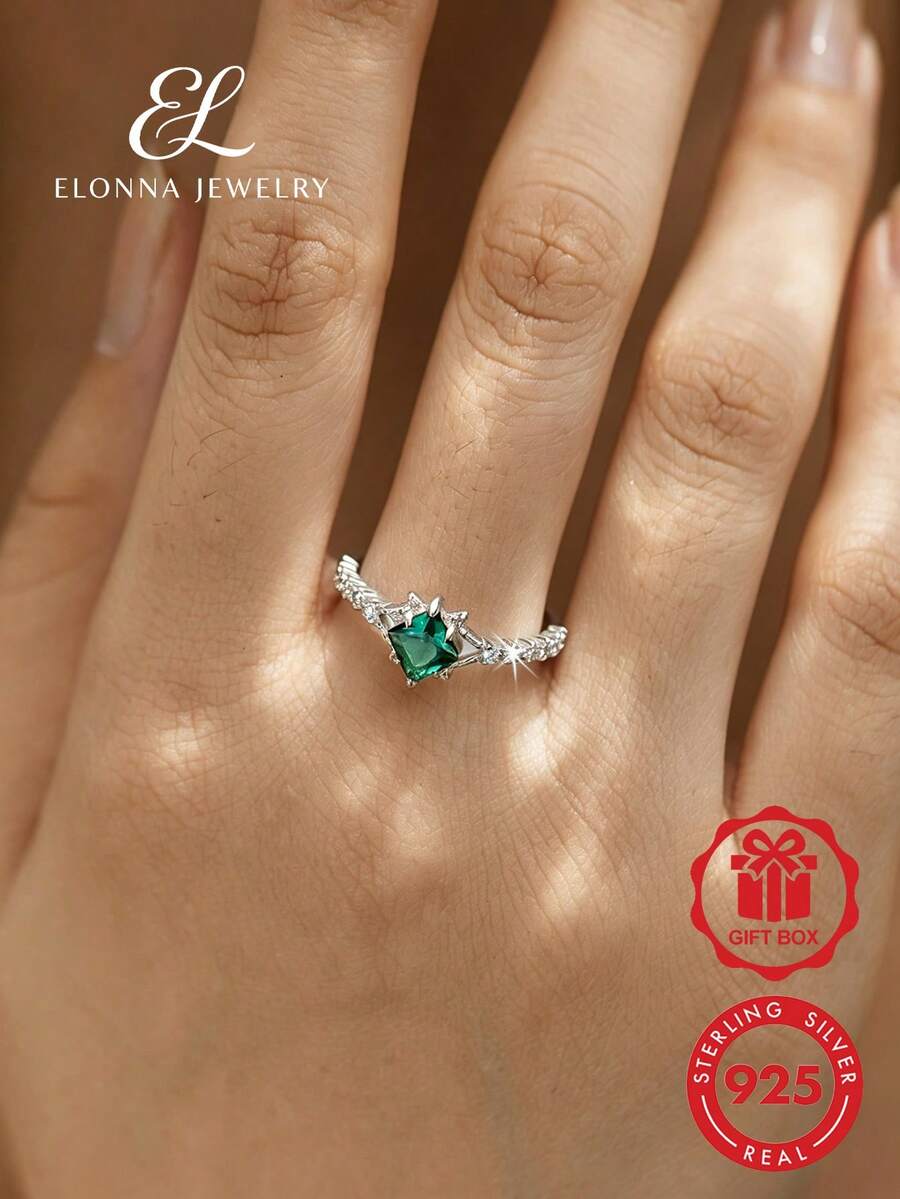 SYMFNY 1pc Elegant 925 Sterling Silver Gold Plated Teardrop Emerald CZ Ring With Side Zirconia Accents, Stackable Ring, Daily Party Holiday Jewelry Gift For Her - Silver - View 1