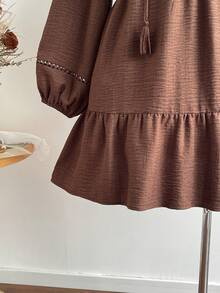 Women's Plus Size Brown Hollow Lace Lace-Up Vintage Bohemian Dress, Suitable For Autumn/Winter Elegant - Brown - View 10