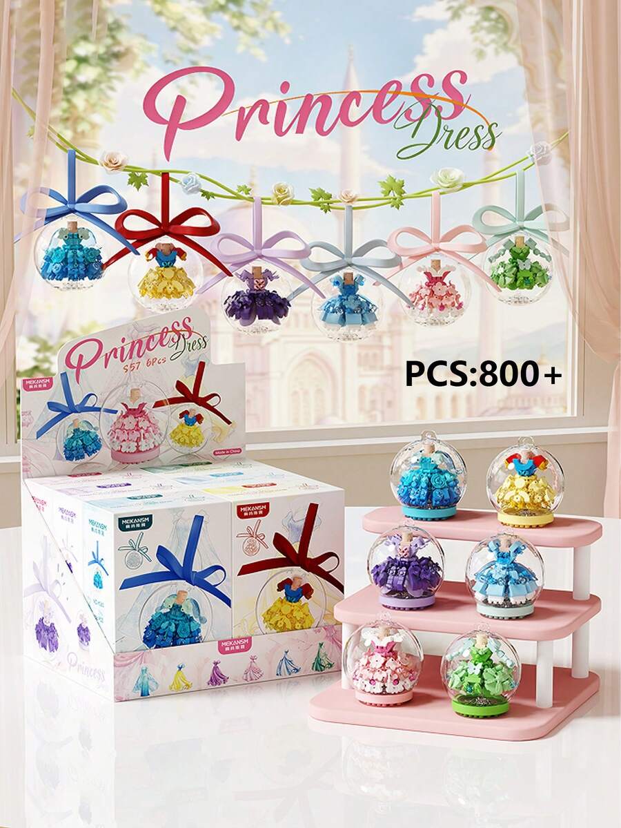 Princess Dress Building Block Set, 6pcs Mini Dress Ornaments With Clear Display Balls And Colorful Ribbons, DIY Assembled Fashion Outfit Models, Cute Hanging Decor For Bedroom, Backpack, Christmas Tree, Perfect Holiday Birthday Party Gift, Creative Collectible Toy For Home Desk Decoration And Handmade Craft Collection