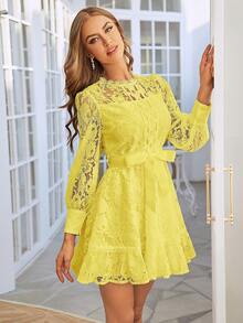 Simplee Gaun Pendek Wanita Musim Gugur Baru Elegan Warna Polos dengan Pinggang Renda Ketat, Cocok untuk Kencan, Pesta, dan Liburan - Kuning - View 1