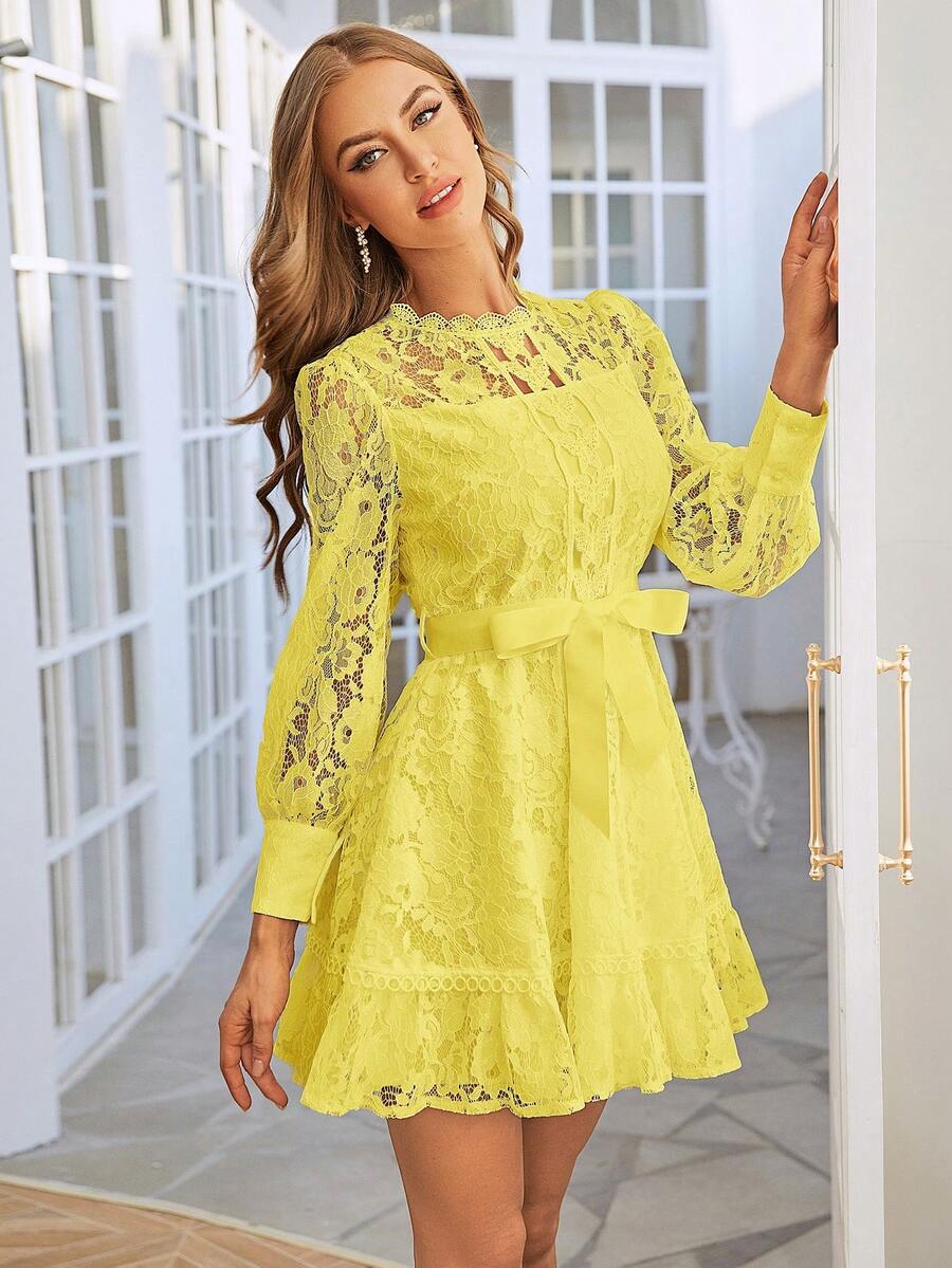Simplee Gaun Pendek Wanita Musim Gugur Baru Elegan Warna Polos dengan Pinggang Renda Ketat, Cocok untuk Kencan, Pesta, dan Liburan - Kuning - View 1