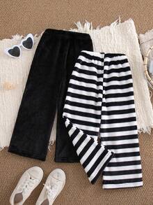 Multi-Piece Set Girls' Casual Fashion Striped Design Straight Leg Pants Double-Sided Fleece Thickened Warm Autumn/Winter - Multicolor - View 2