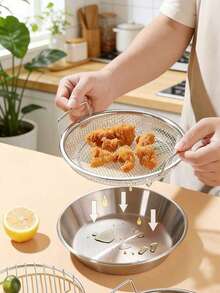 Haus Hana 1pc/2pcs Saringan Minyak Stainless Steel, Keranjang Penyaring Minyak Goreng Jaring Halus dengan Pegangan Ganda, Rak Pengeringan Penyaring Minyak Gaya Bingkai, Keranjang Penyaring Goreng Bulat, Cocok untuk Sayap Ayam - Set dua potong - View 5