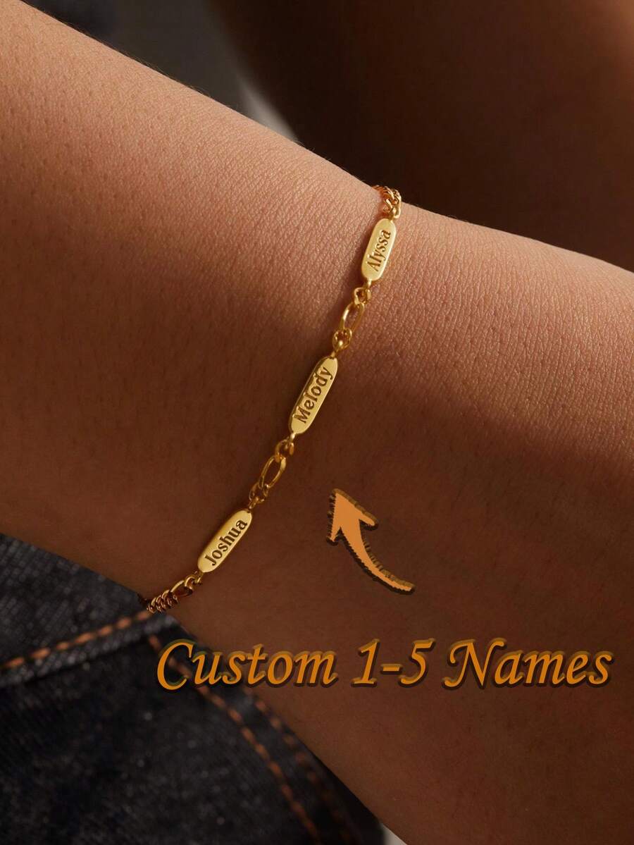 Personalized Name Bracelet, Figaro Chain, Gold Plated, Up To 5 Names - Multicolor - View 1