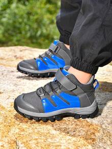 1 Pair Kids' Hiking Shoes, Convenient Hook And Loop Design, Stylish, Anti-Slip, Wear-Resistant, Mid-Top Outdoor Sports Shoes For Long-Distance Trekking - Grey - View 11