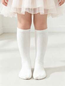 1 Pair Girls Knee High Socks, Fall Winter Solid White Long Socks, Simple Versatile Footwear, Halloween Christmas Essentials Stuff, School Uniform Wear - Multicolor - View 2