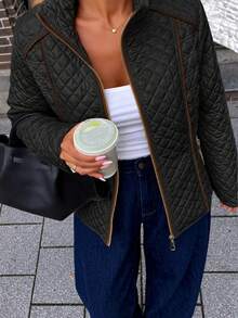Giolshon 女士休闲连帽羽绒服，带口袋，轻便绗缝外套，适合春、秋、冬日常穿着，黑色优雅款 - 黑色 - 查看 4