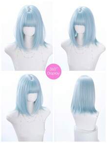 alicegarden 16-Inch Long Synthetic Wig Featuring A Natural Straight Style A Stunning Dusty Blue. Designed With Bangs , This False Hairpiece Is Perfect For Ms Daily Party Cosplay Use, Offering A Natural And Natural Durable Wig Gift For Ladies., Halloween - Dusty Blue - View 8