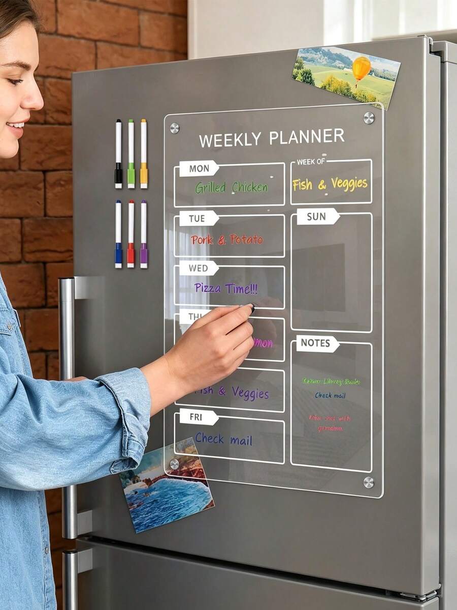 Magnetic Transparent Refrigerator Calendar Board (Comes With 6 Magnetic Whiteboard Pens),Acrylic Writing Board,Transparent Pattern Memo Board,Reusable Planner Magnetic Refrigerator Sticker,Reusable Meal Planner,Perfect For Christmas And Halloween In - Multicolor - View 1