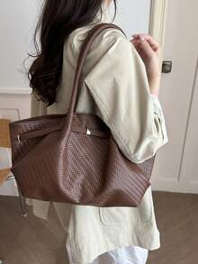 Korean Retro Woven Pattern Elegant Tote Bag New Large Capacity Casual Commute Shoulder Underarm Bag - Coffee Brown - View 3