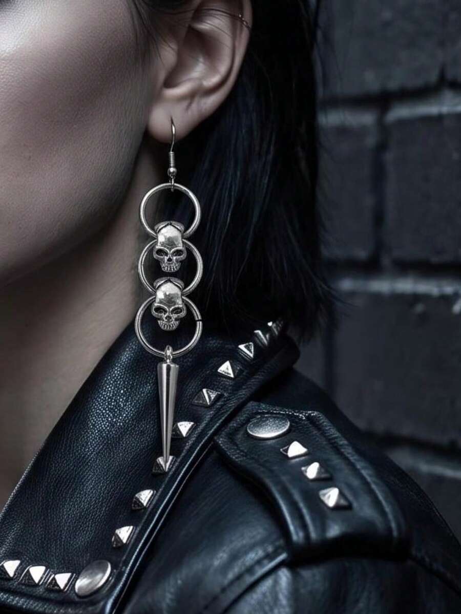 2pcs Gothic Personalized Skull Rivet Round Hoop Earrings, Suitable For Men And Women, Daily Wear, Party, Gathering - Silver - View 1