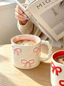 1pc Creative 3D Bow Shaped Ceramic Mug With Braided Handle, High-Quality Coffee/Milk Cup, Microwave Friendly, Perfect Gift For Girlfriends, Cute Girly Pink Water Cup - Multicolor - View 6