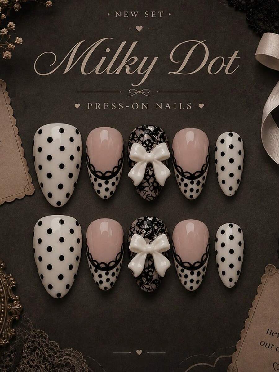 10pcs Vintage French Style Press-On False Nails, Polka Dot, Lace & Bow Design, Medium Almond Shape, Suitable For Daily Wear, Commuting Or Dating - Multicolor - View 1