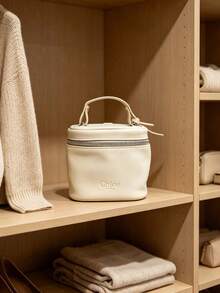 Chloé Cream White Faux Leather Vanity Makeup Case, Embossed CHLOE Logo Portable Handheld Travel Cosmetic Organizer Box Large Capacity Waterproof Toiletry Bag Luxury Gift For Women CHLOE-GIFT-20 - Off-white - View 3