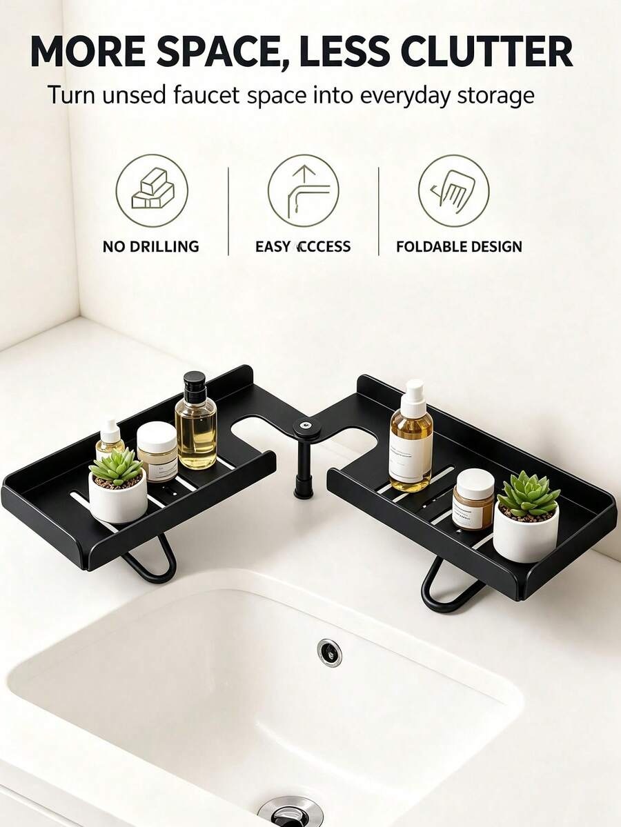 1pc Adjustable Foldable Over Faucet Shelf Organizer Steel Folding Storage Rack, Drill-Free Foldable Faucet Storage Rack Carbon Steel Hollow Design Corner | 180 Degree Multi-Angle Rotatable Adjustable Over The Sink Shelf Bathroom Organizer - Multicolor - View 1