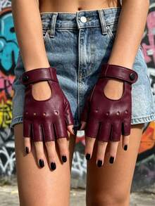 1 Pair Half-Finger Motorcycle Leather Gloves - Burgundy - View 3