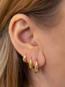 6pcs Minimalist Gold-Plated Copper Metal Invisible Earrings For Girls, Glossy Small Geometric Hoop Hip-Hop Style - one-size - View 4