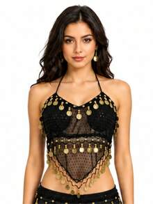Women Halter Sequin Mesh Belly Dance Crop Top, Gold Coin Fringe Dangling Beads Performance Costume Top For Rave Festival Club Halloween, Multiple Colors Available - Multicolor - View 14