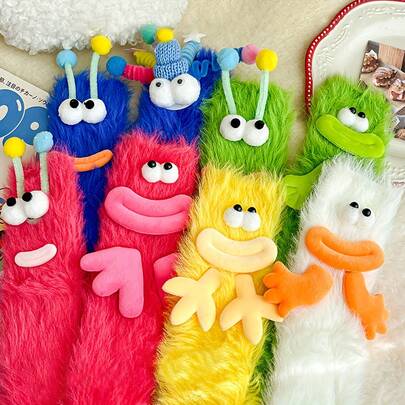 Novelty Cartoon Monster Plush Socks, Colorful Big Eye Long Fuzzy Slippers Socks, Women's Quirky Personalized Role Play Costume Socks, Suitable For Halloween And Daily Wear