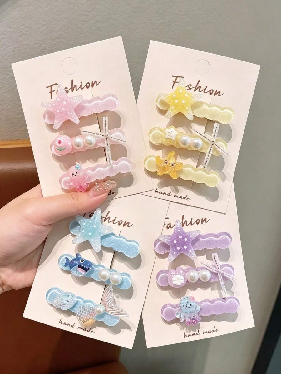 3件組海洋卡通海星髮夾，美人魚章魚鯊魚側瀏海髮夾，適合女性