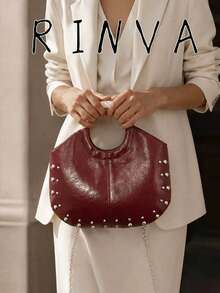 Solid Color Rivet Decoration Handbag, Minimalist And Fashionable Versatile Shoulder Crossbody Retro Armpit Bag, For Daily Commuting Use - Burgundy - View 1