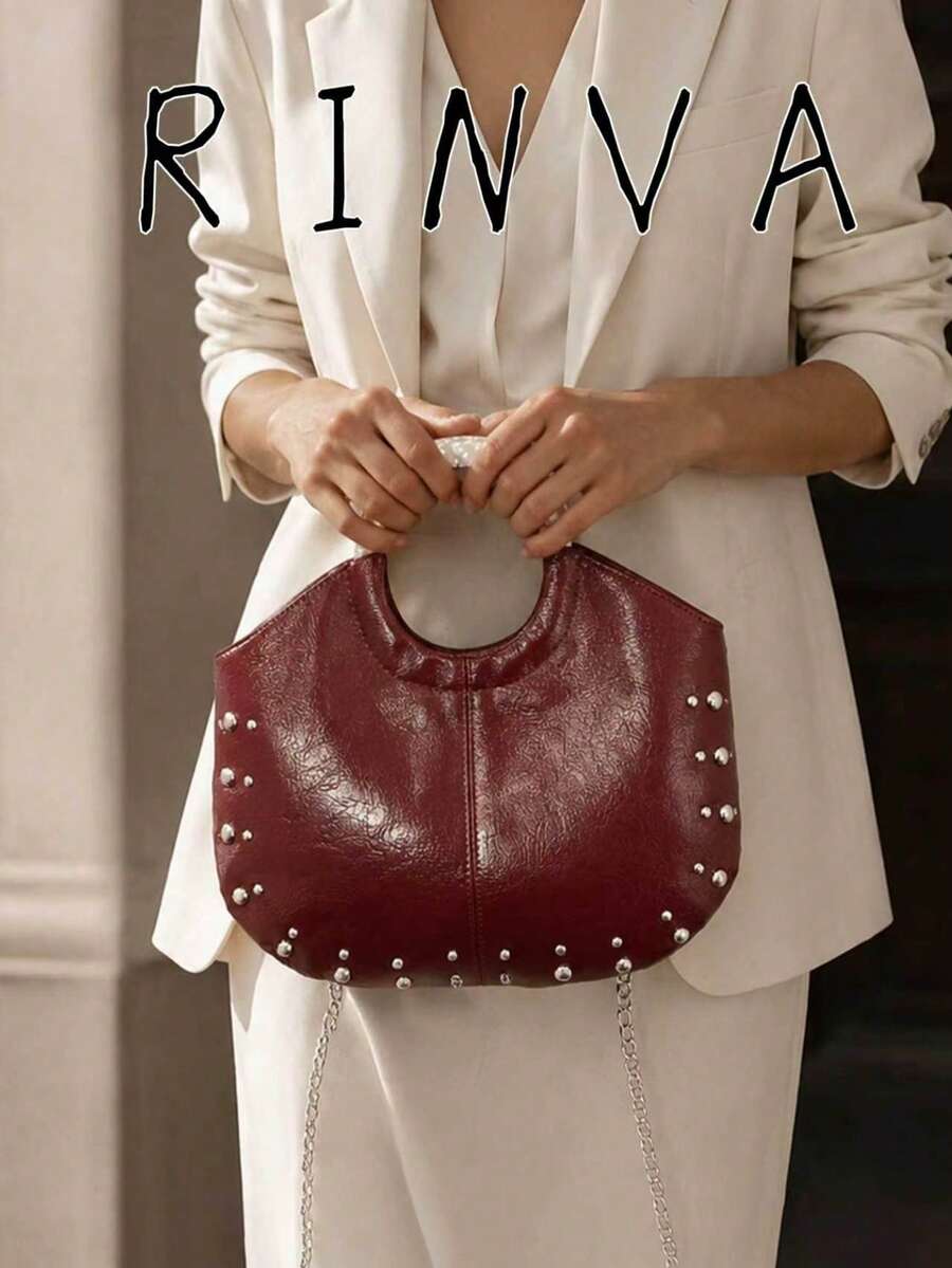 Solid Color Rivet Decoration Handbag, Minimalist And Fashionable Versatile Shoulder Crossbody Retro Armpit Bag, For Daily Commuting Use - Burgundy - View 1