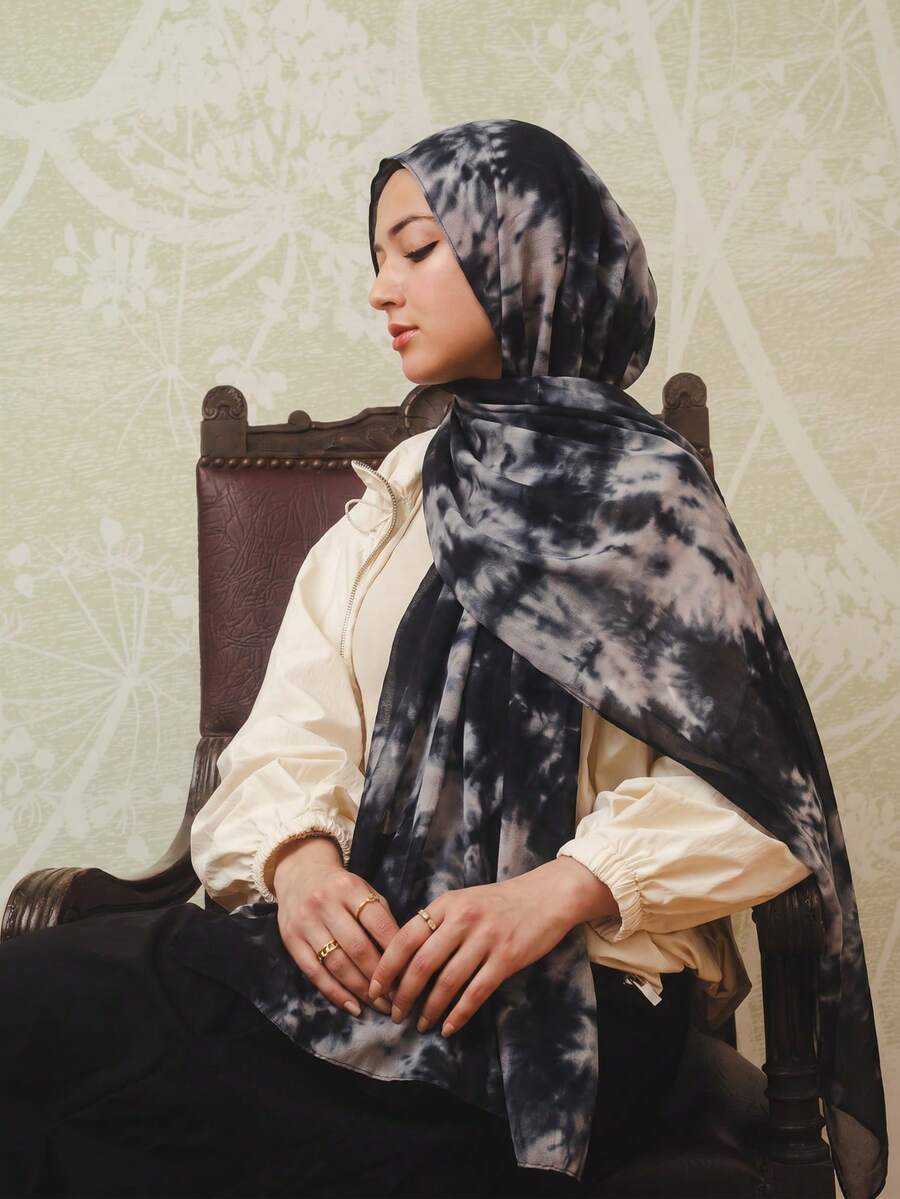 1件裝女款素色紮染黏膠纖維頭巾，柔軟寬邊印花頭巾，多功能防曬希賈布圍巾，適合日常穿著