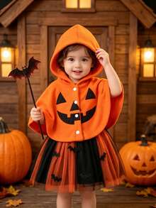 Baby Girl Halloween Orange Fleece Hooded Cape With Pumpkin Face And Bat Tulle Tutu - Multicolor - View 3