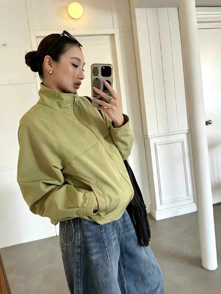 女款秋季拉鍊落肩袖短版外套 時尚立領 通勤度假運動學院風