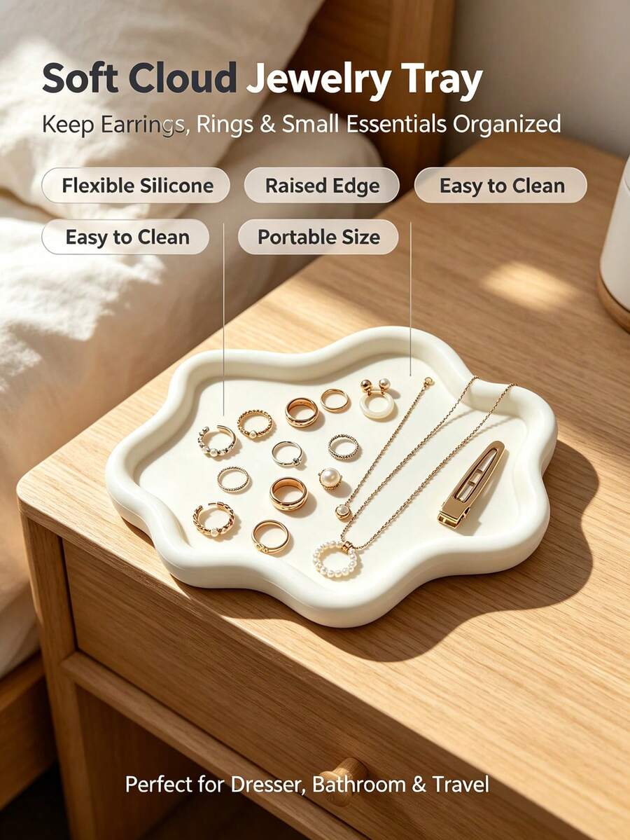 1PC Jewelry Tray Storage Rack - 3D Printed Elegant Cloud-Like Texture, Spacious Tray, Can Store Necklaces, Earrings, Rings, Watches - Durable Plastic Material - Suitable For Vanity, Bathroom, Bedroom - Ideal Gift For Men And Women, Jewelry Storage And Organization, Vanity Accessories, Modern Aesthetics, Smooth Surface, Ring Holder, Fashion Storage, Lightweight And Portable, Earring Rack, Home Decor, Jewelry Tray - White - View 1