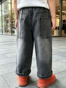 Boys' Loose Distressed Straight Leg Denim Jeans, Autumn Casual Long Pants For Daily, School, Outdoor Wear - Dark Grey - View 2