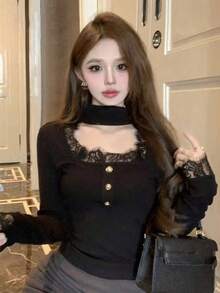 Atasan Lengan Panjang Leher Bentuk Hati dengan Hiasan Renda, Kancing Depan, Kain Elastis Lembut, Hitam, Atasan Elegan untuk Musim Gugur/Dingin, Cocok untuk Pakaian Santai dan Bepergian. - Hitam - View 3