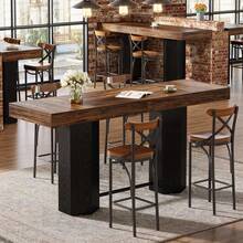 LITTLE TREE 180cm Rectangular Bar Table‑Industrial‑Metal Footrest‑Rustic Brown & Black‑Counter Height‑For Kitchen Dining Room Living Room Pub - Brownish Black - View 6