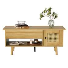 Elegant Coffee Table With Liftable Table Top And Rattan Doors, Wood Color With Black Accents, Ideal For The Living Room - Practical Storage Space And Functional Design, 109.98 X 59.49 X 15.98 Cm - Multicolor - View 6
