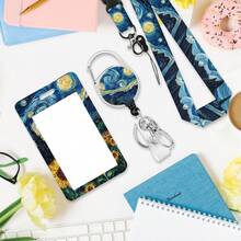 Personalized ID Set With Lanyard, Featuring A Retractable ID Holder, Retractable Clip, And Detachable Neck Lanyard, Vertical Design – Suitable For Women, Nurses, Doctors, Students, And Teachers (Sunflowers Under The Starry Sky) - Sunflowers Under the Starry Sky - View 8