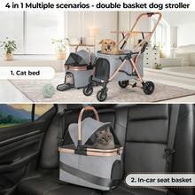 3-In-1 Foldable Dog Buggy Up To 20kg | Foldable Cat Stroller, Pet Buggy With 4 360° Rubber Wheels, With Storage Basket And Cup Holder - 金色+灰色 - 查看 8