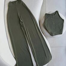 Pantalón holgado pierna ancha cintura blusa tipo top sin mangas tela ligera fresca cómoda sexi moda dama - Verde Oliva - Ver 2