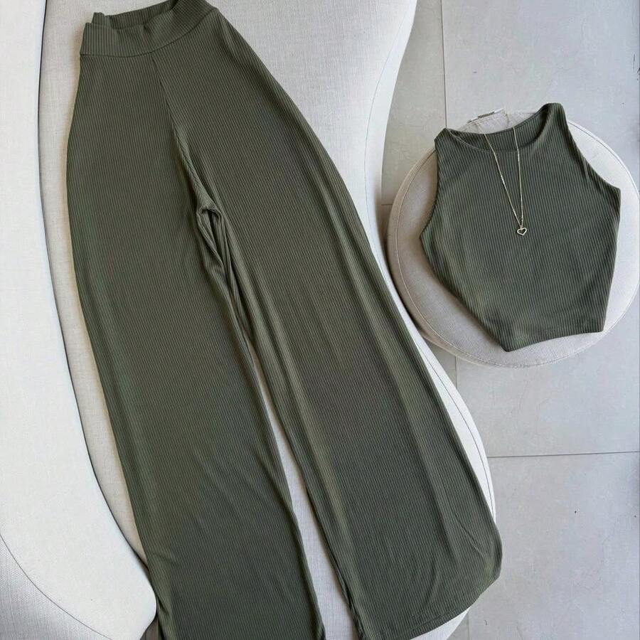 Pantalón holgado pierna ancha cintura blusa tipo top sin mangas tela ligera fresca cómoda sexi moda dama