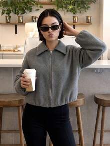 OUTTA BOX Dark Gray Zippered Turn-Down Collar Long Sleeve Elastic Hem Casual Pocket Tweed Women's Jacket Top, Suitable For Daily Outings In Autumn - Dark Grey - View 4