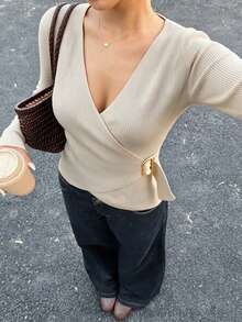 SEREN Women's Ribbed Knit Wrap Sweater With Long Sleeves And Asymmetrical Hem, Elegant Regular Fit Top For Fall - Apricot - View 7