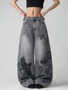 1pc Women's Casual Loose Fit Gray Printed Denim Wide Leg Jeans, Comfortable All-Match Streetwear Style Jeans (Belt/Accessories Not Included) Fall - Light Grey - View 1